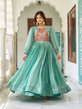 Ritu sea green Fendy silk gown with sequins thread embroidery and dupatta