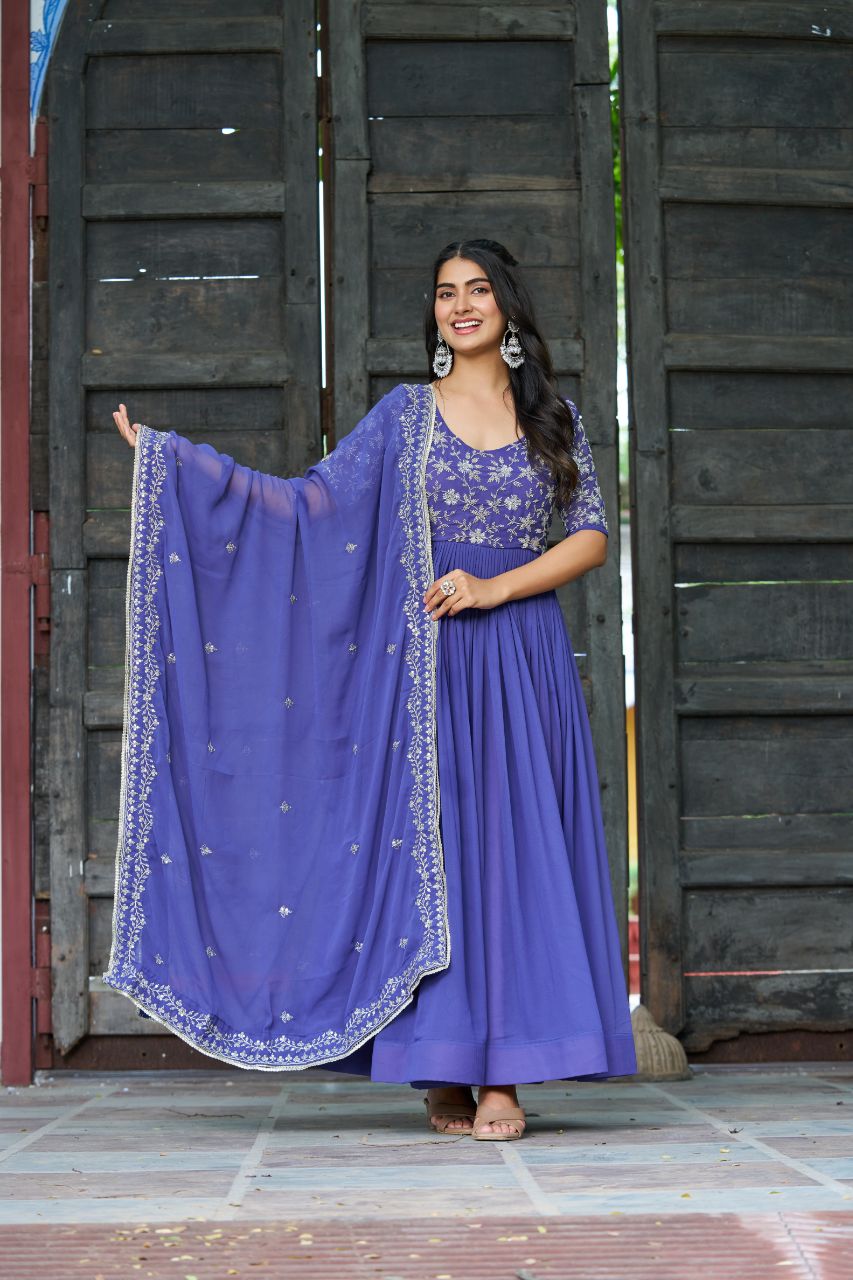 Rahi lavender faux blooming gown with sequins beads embroidery and dupatta