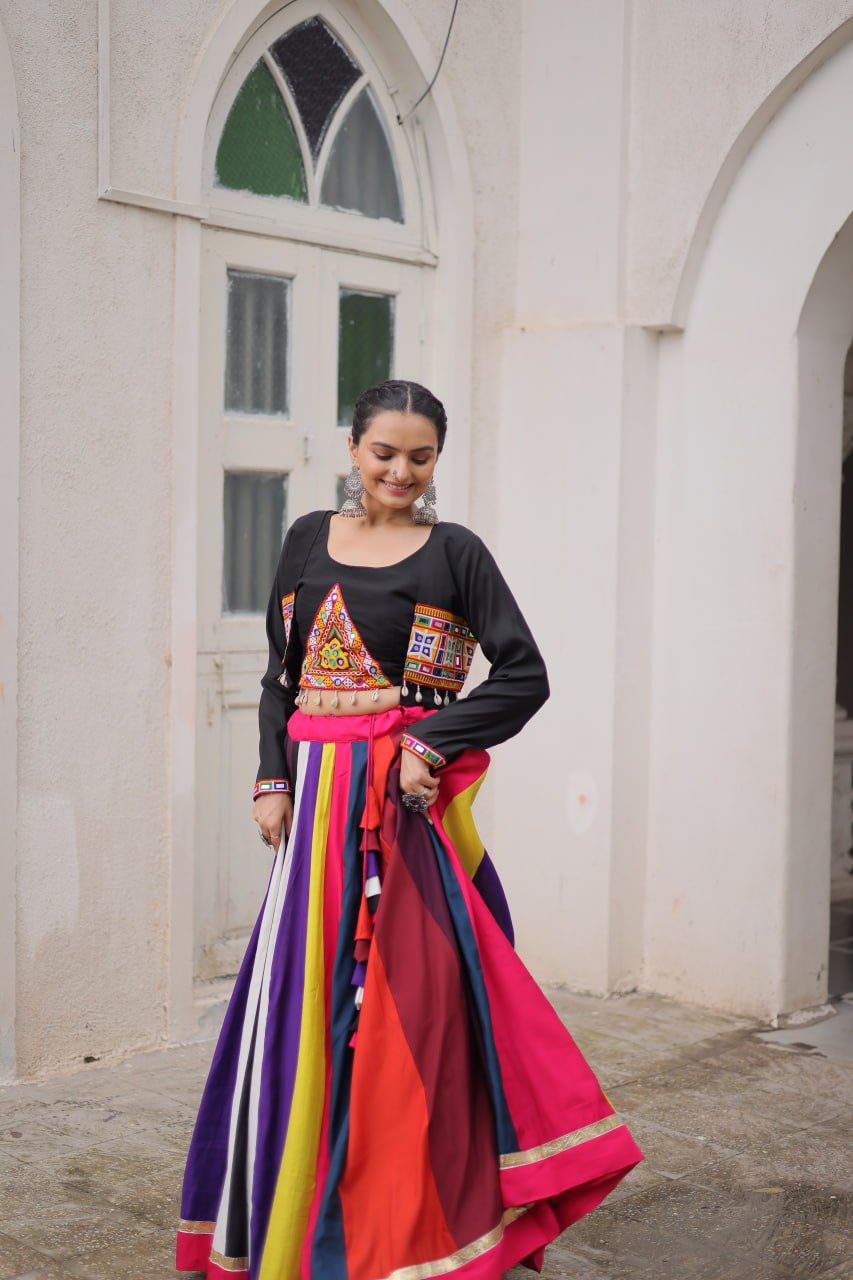 Multicolor pure rayon navratri lehenga choli with koti style blouse