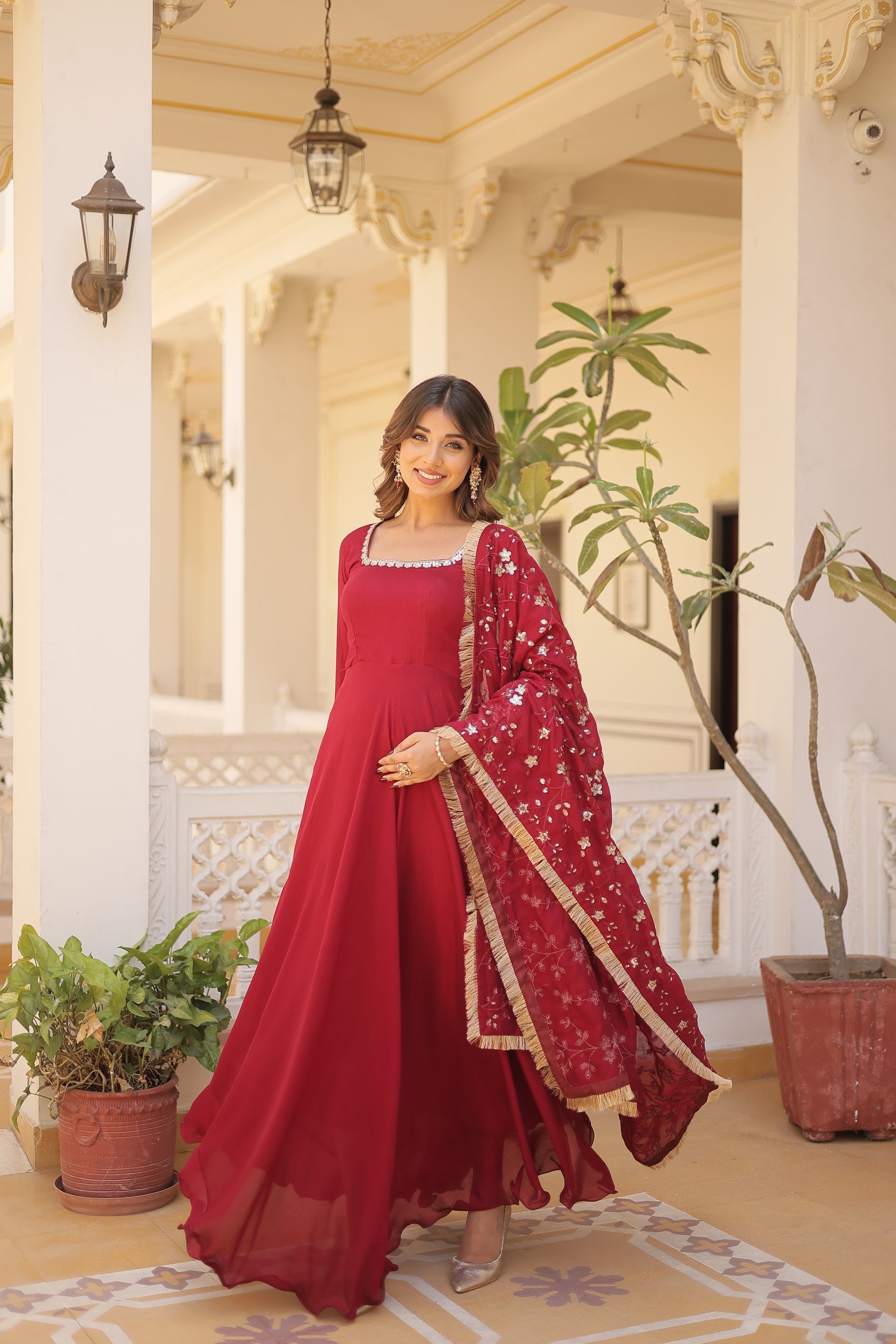 Aparajita maroon Vichitra silk Anarkali gown set