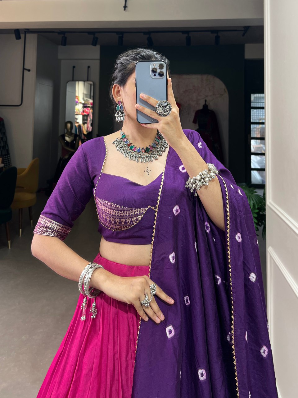 Pink Chanderi zari weaving lehenga choli with Bandhej print dupatta