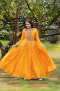 Yellow rayon Kutchi Gamthi embroidered Misty Navratri gown