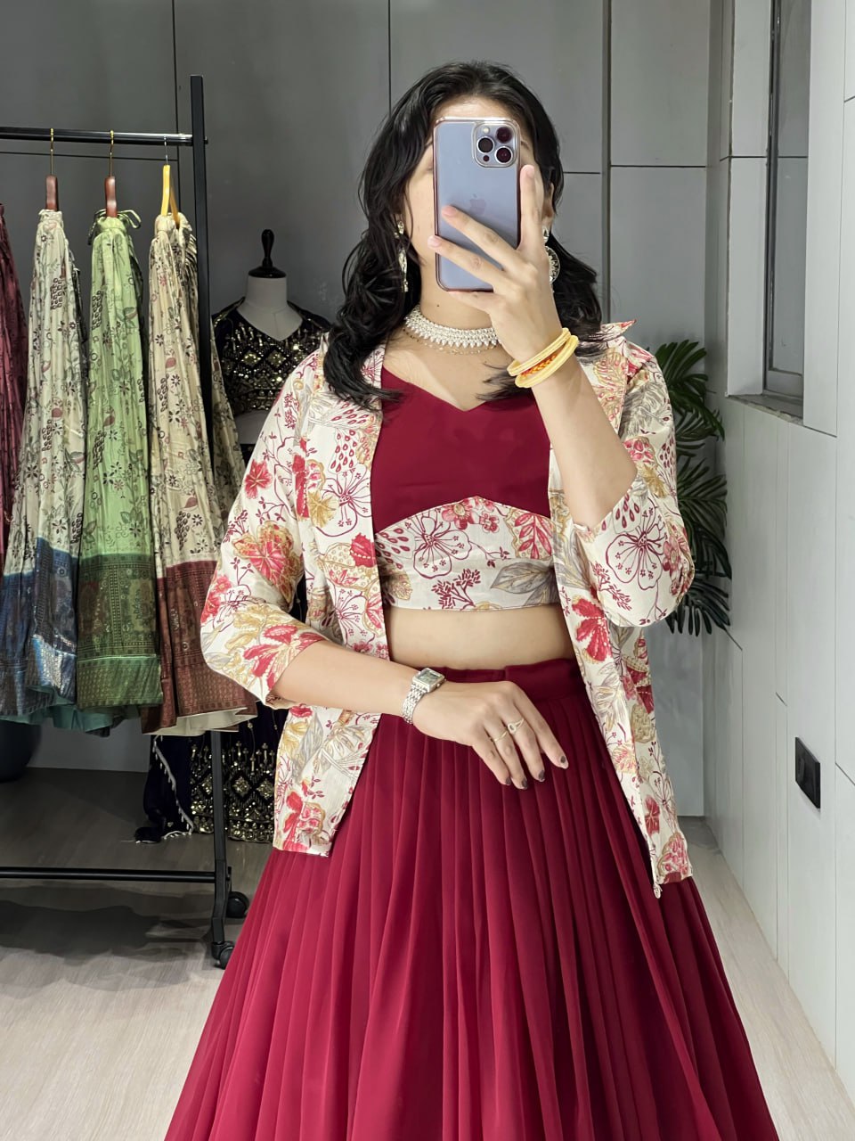 Alka maroon georgette foil printed lehenga choli with koti jacket