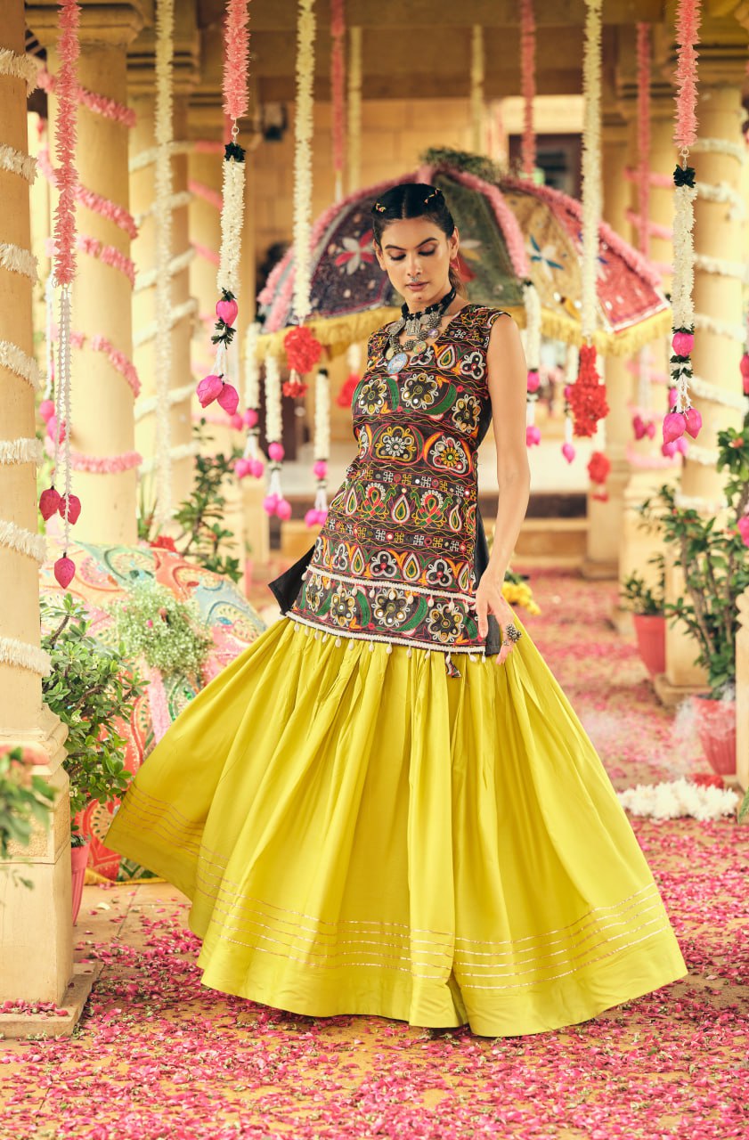 Yellow pure rayon ribbon work embroidered lehenga choli
