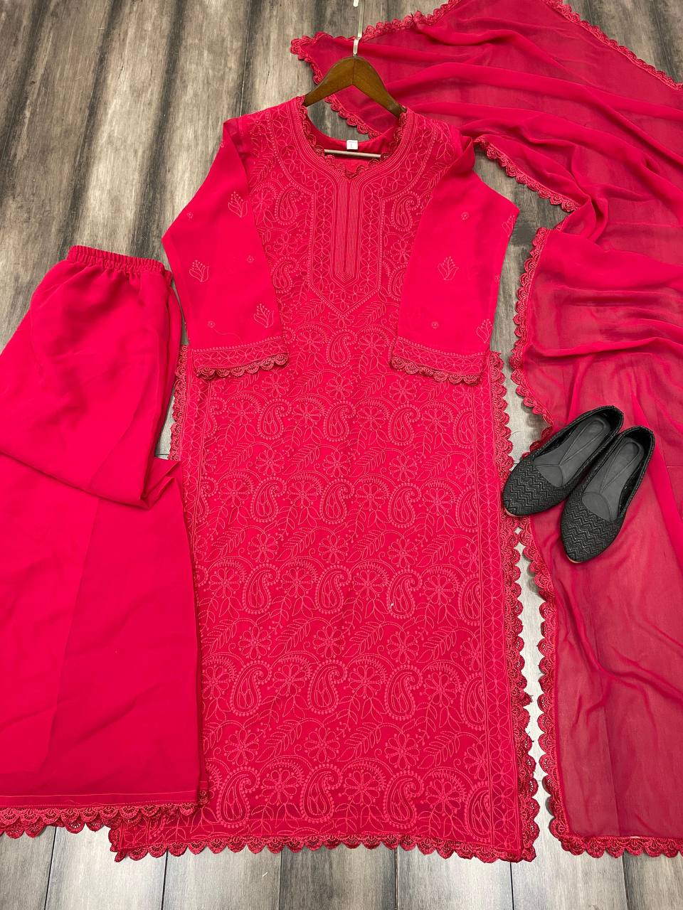 Ramani Peach Georgette Chikankari Embroidery Kurti Set
