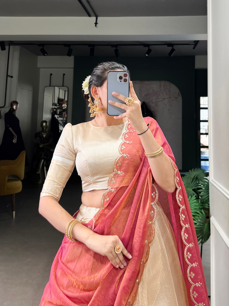 Golden jacquard chex lehenga choli with zari weaving and embroidered dupatta