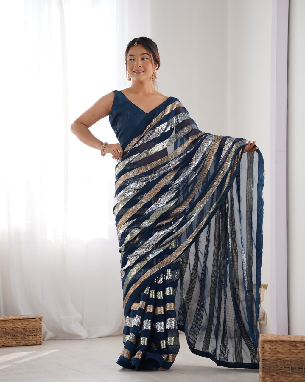 Navy blue georgette sequin embroidered Kira designer saree