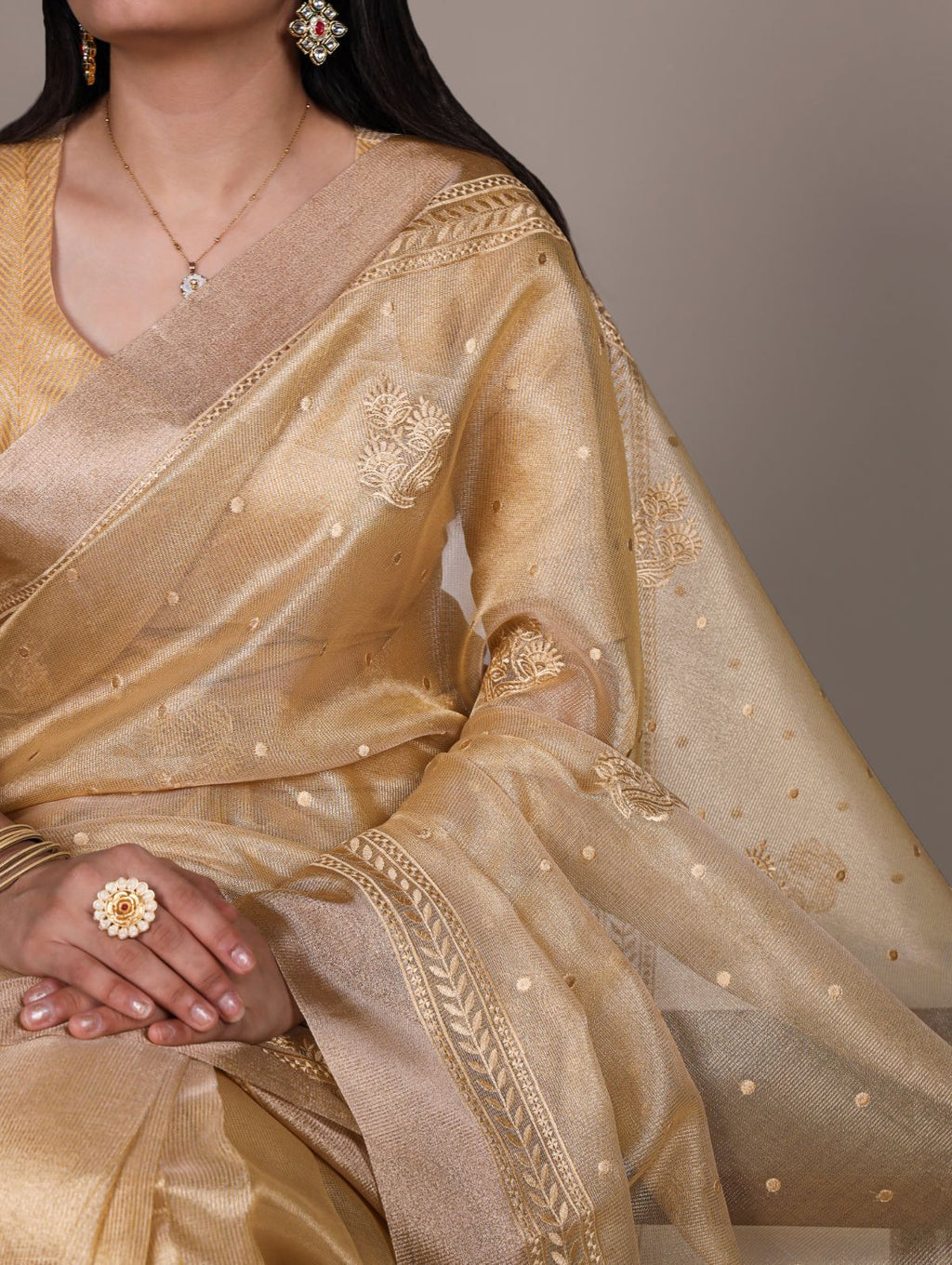 Yellow poly shimmer thread embroidered saree with unstitched blouse