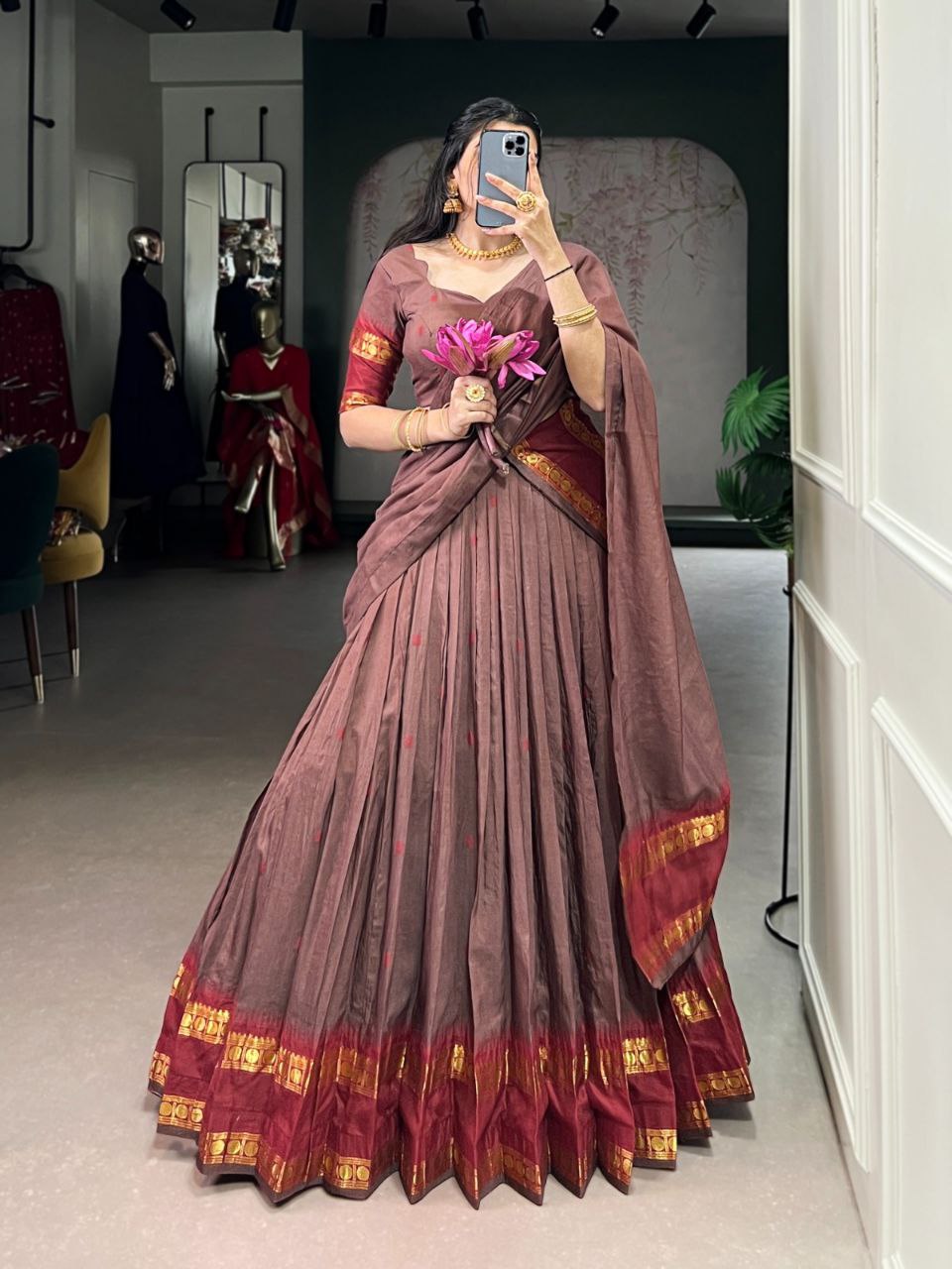Dusty brown pure Chanderi zari weaving half saree lehenga choli