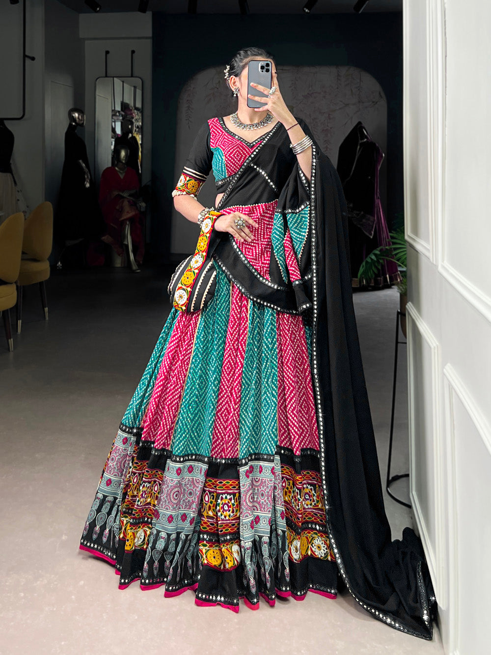 Black pink pure rayon Bandhej Ajrakh Gamthi mirror work lehenga choli