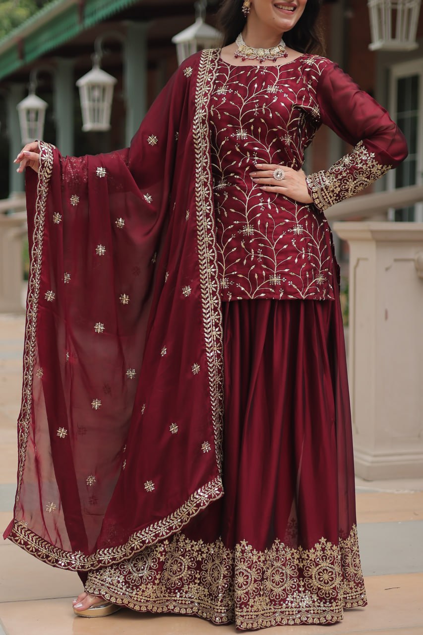 Maroon Rangoli silk embroidered Hitanshi designer kurti palazzo suit