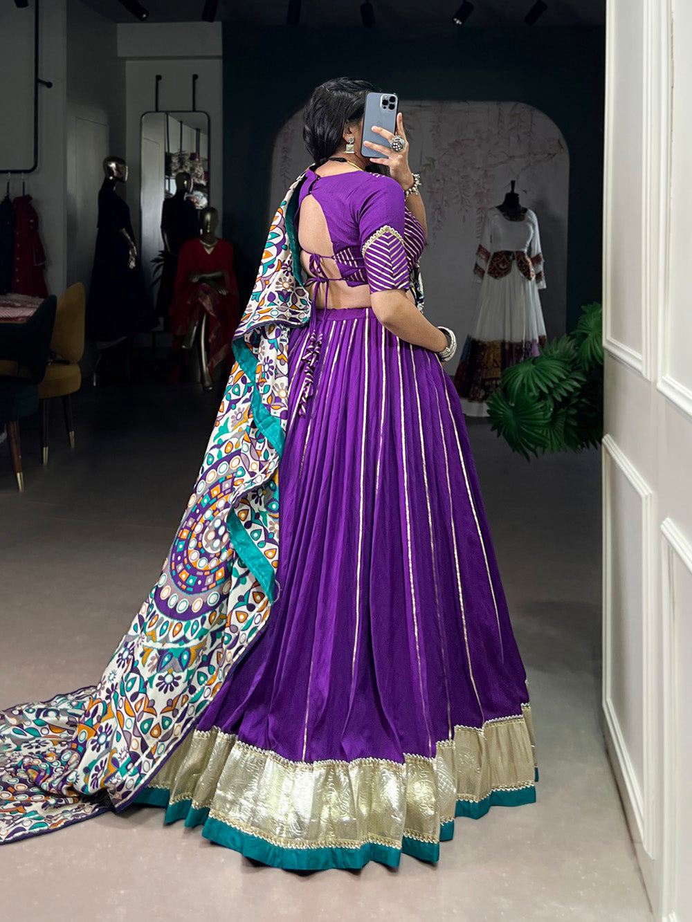 Purple traditional Chanderi lehenga choli with embossed lace design