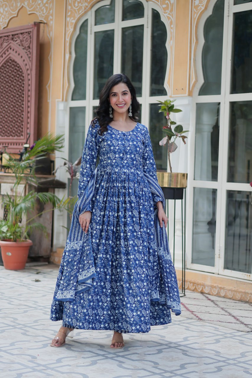 Mahi blue pure cotton anarkali set with dupatta