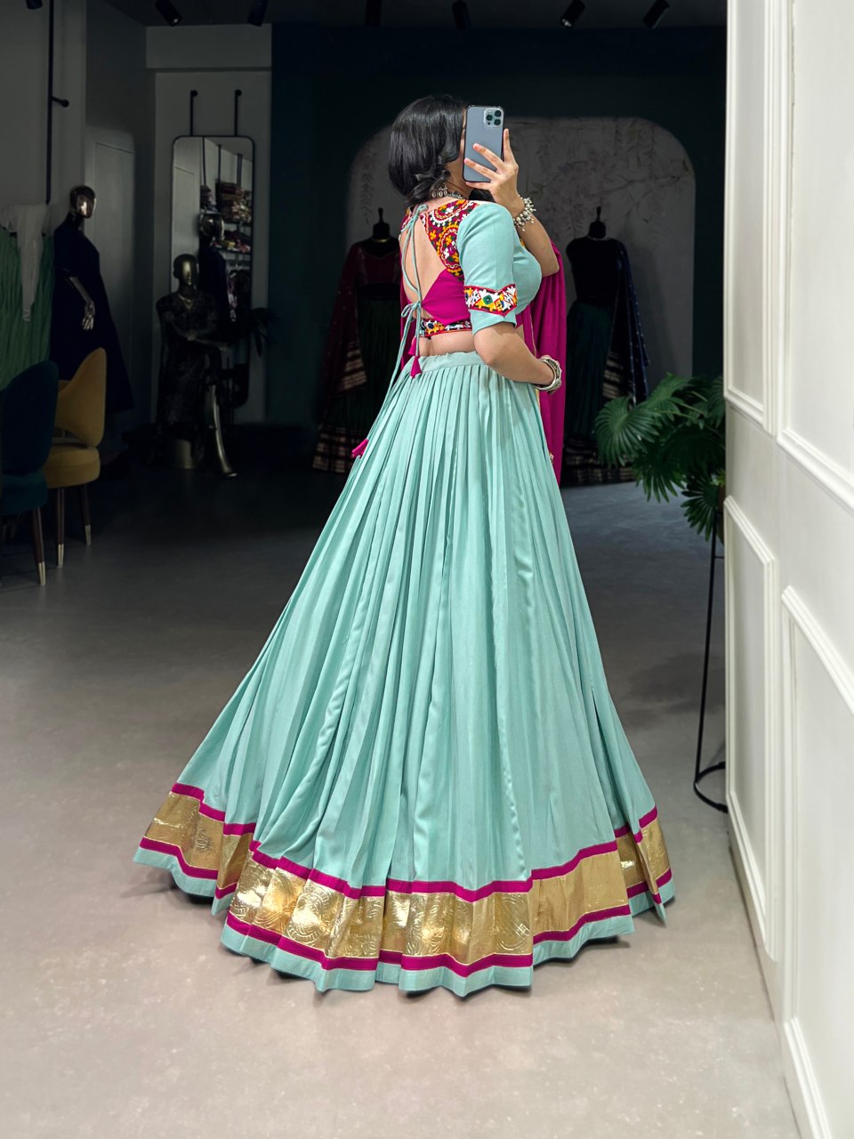 Mint green pure rayon lehenga choli with mirror Gamthi work and Kodi lace dupatta