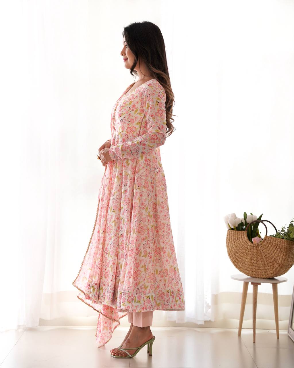 Pink orange chiffon floral Anarkali suit for wedding functions