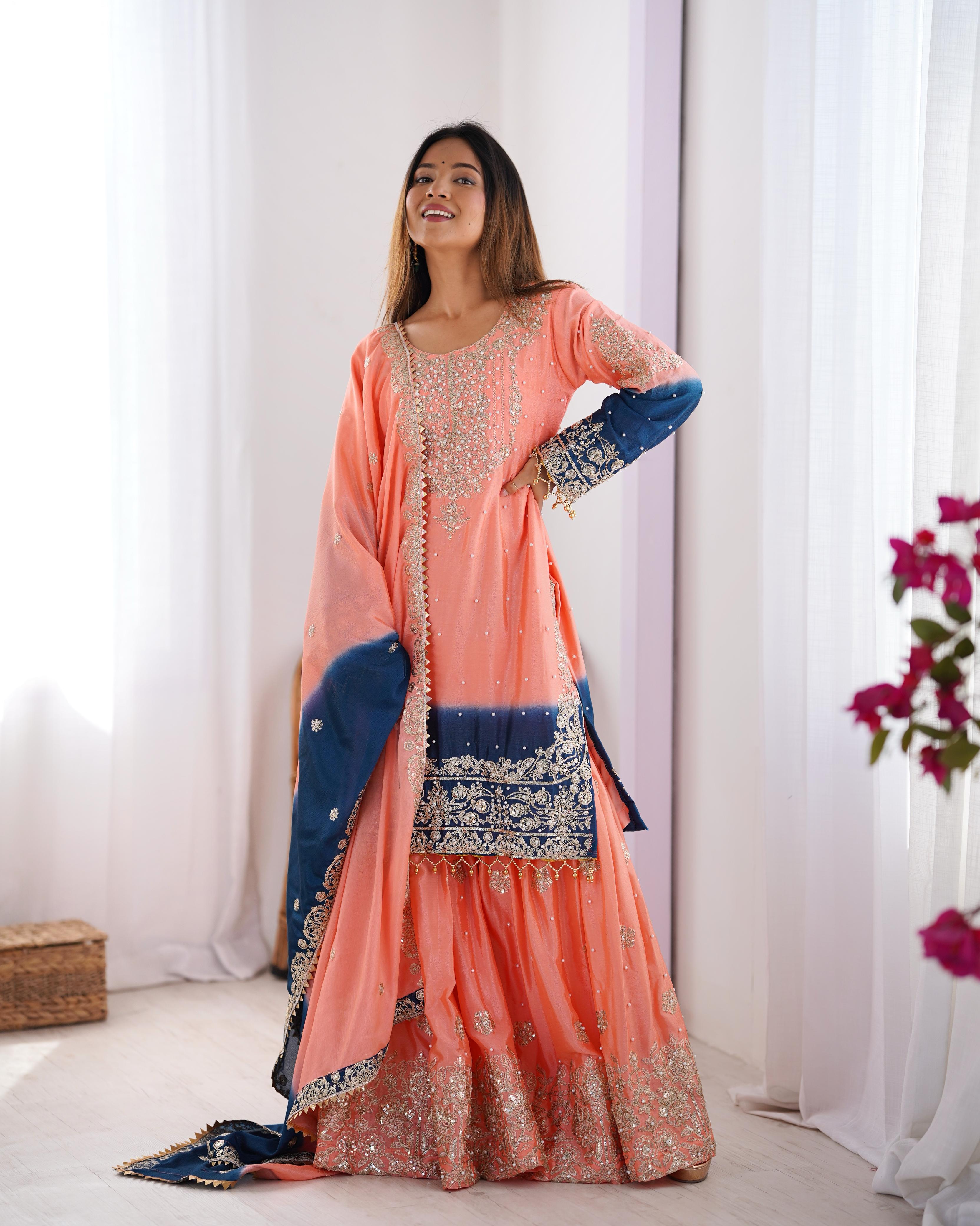 Manvisha peach embroidered sharara suit set