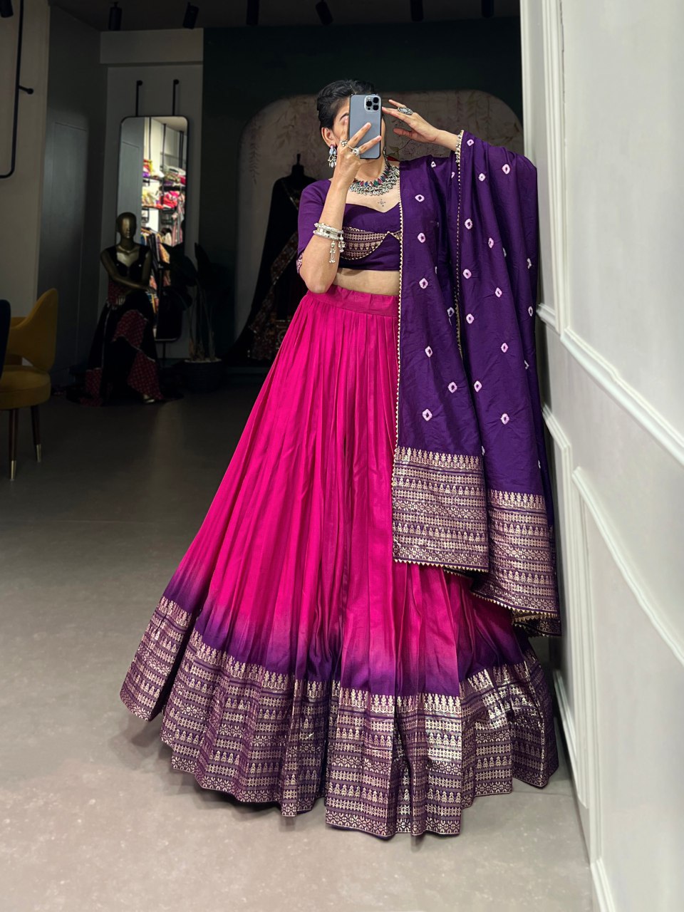 Pink Chanderi zari weaving lehenga choli with Bandhej print dupatta