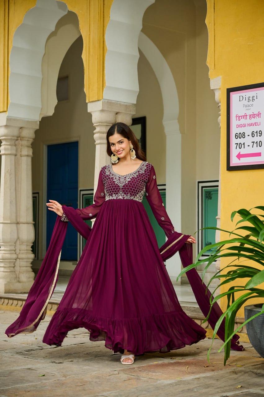 Wine faux blooming beads embroidered gown with dupatta