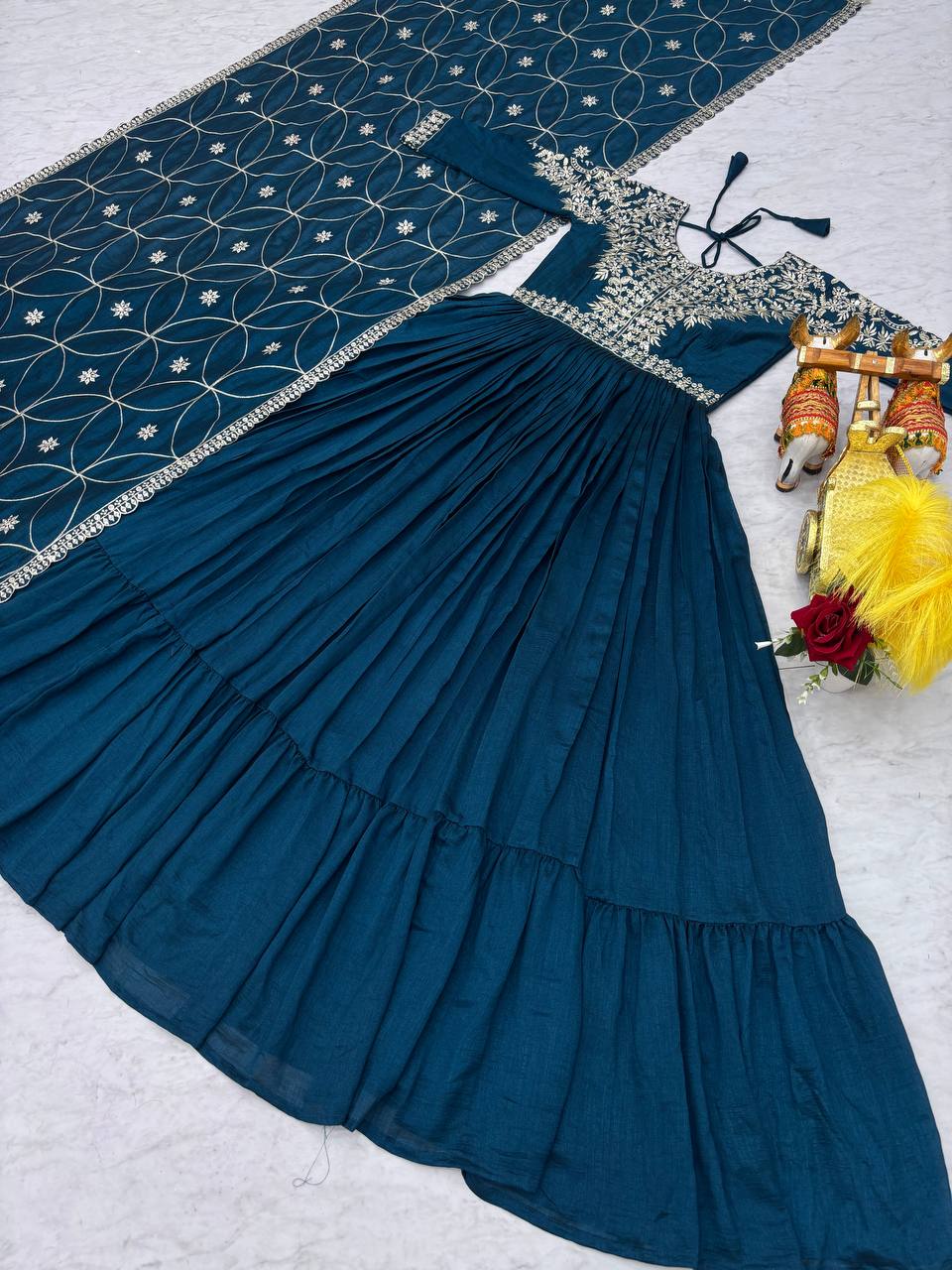 Piya teal blue Vichitra silk gown with sequins embroidery and dupatta