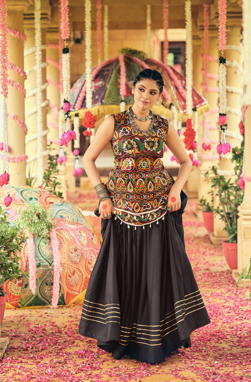 Black pure rayon ribbon work embroidered lehenga choli