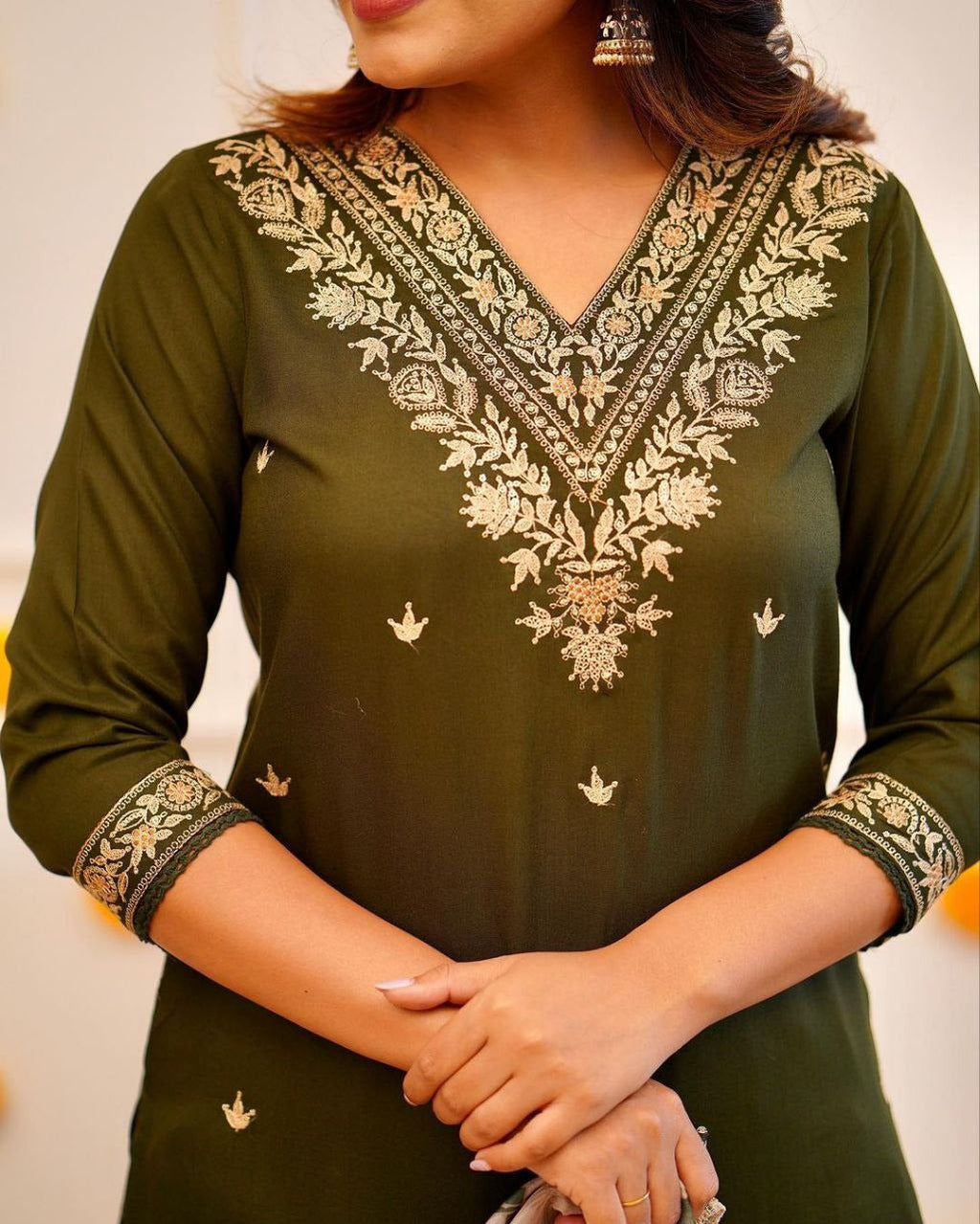 Janaki green chanderi embroidery kurti set with dupatta