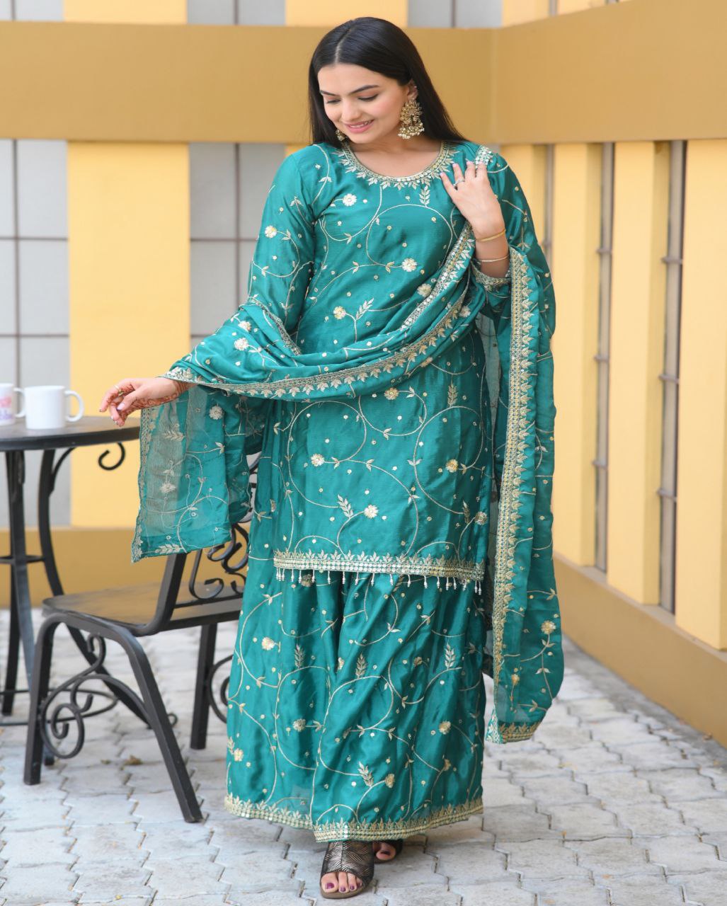 Teal chinon embroidered Keisha designer sharara suit