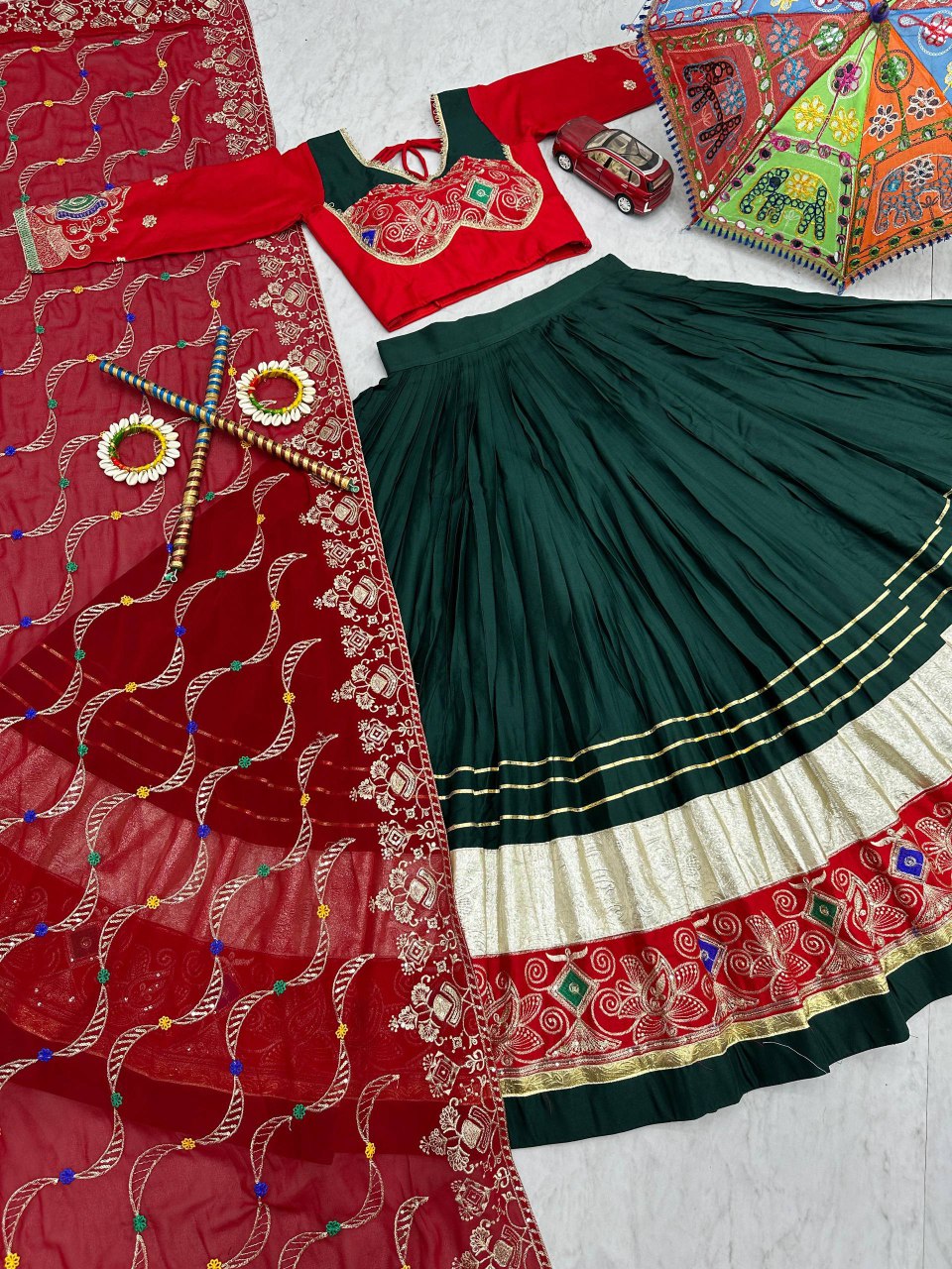 Green pure cotton embroidered sequins work lehenga choli