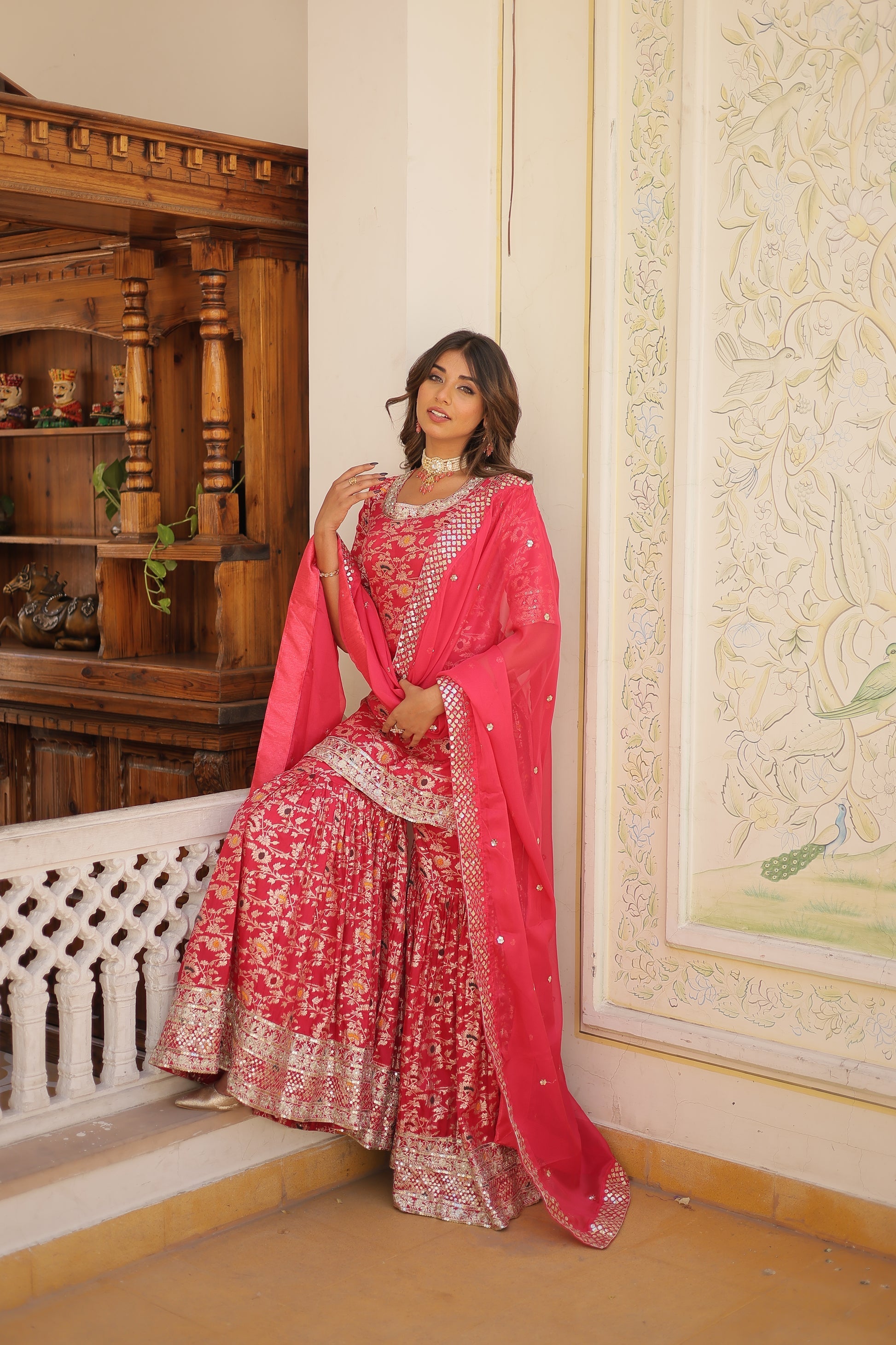 Krishnapriya rani pink viscose embroidered kurti gharara set