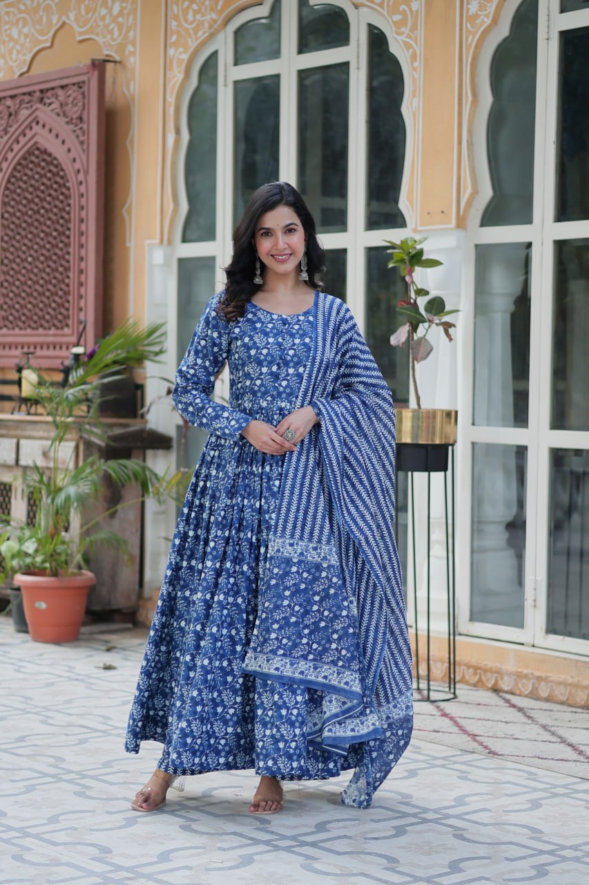 Mahi blue pure cotton anarkali set with dupatta