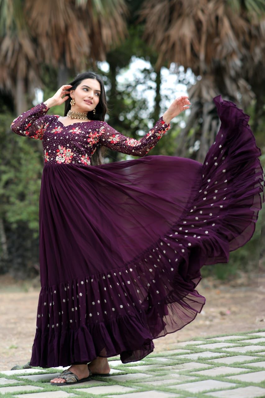 Radiant charisma embroidered sequin adorned double frill gown