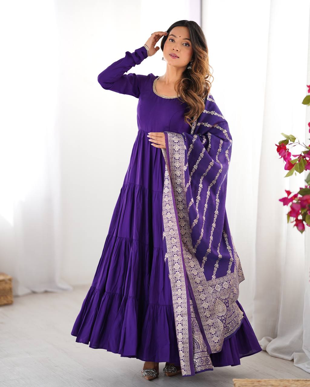 Purple Roman silk Ashika flared designer Anarkali suit