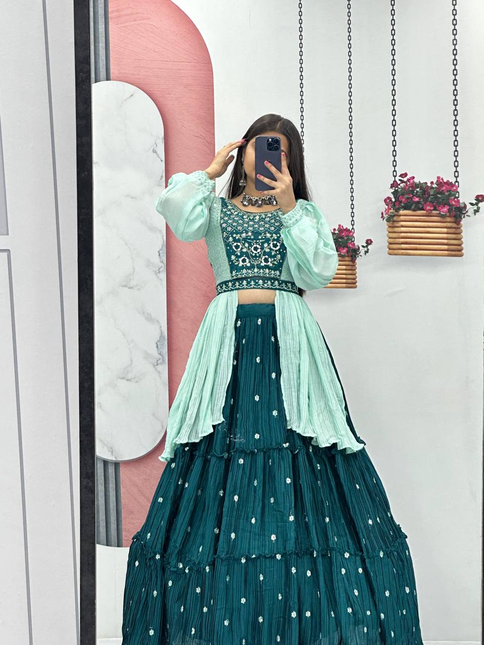 Malti teal green chinon embroidered crop top lehenga with nazmin dupatta and belt