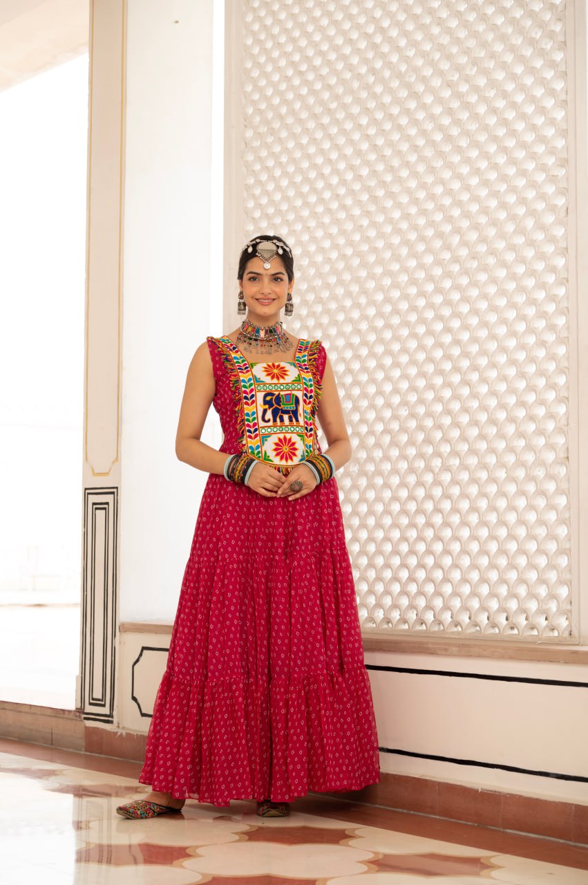 Pink faux georgette Bandhani print Kutchi patch mirror work gown