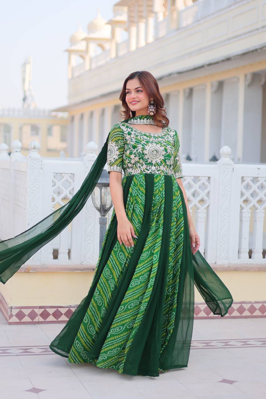 Saanvi pure bandhej georgette embroidered gown set