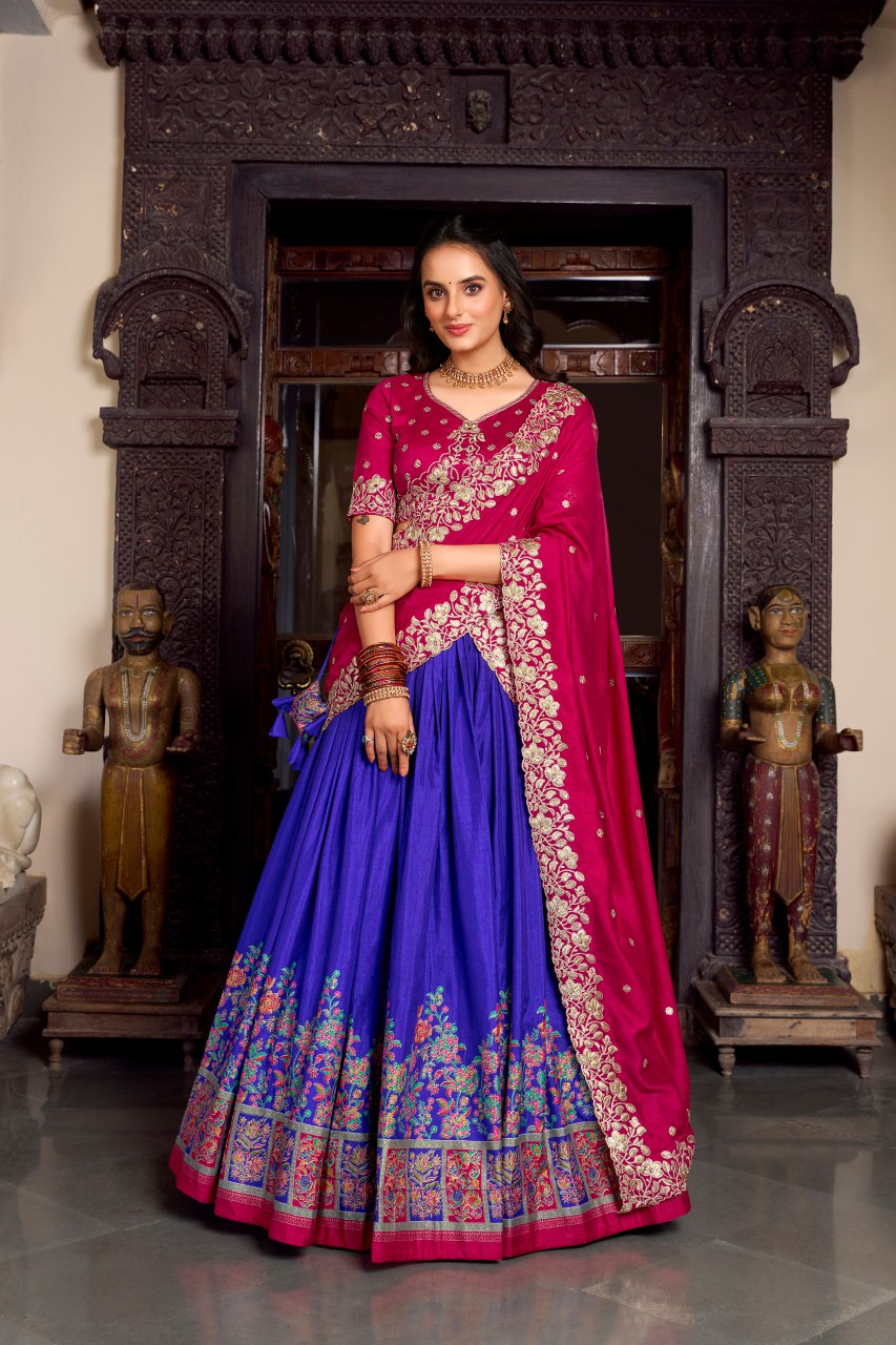 Pink tussar silk foil print lehenga choli with embroidered dupatta