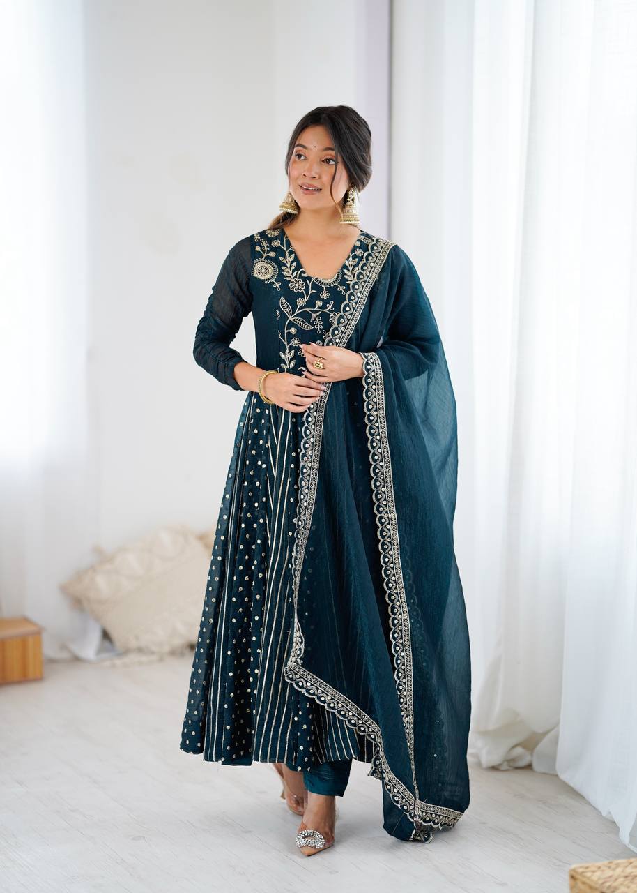 Teal green crunchy silk embroidered Anarkali suit set
