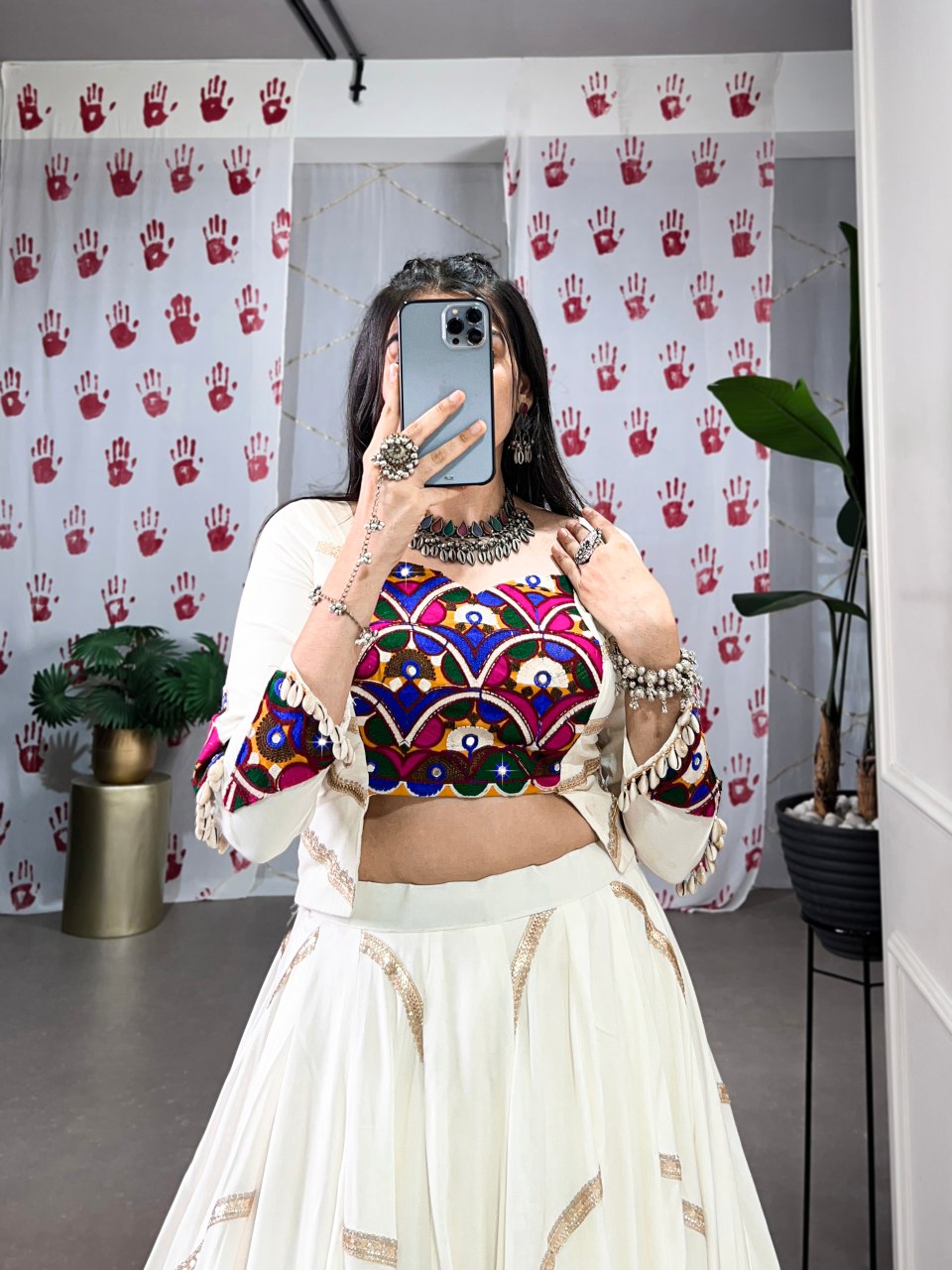 Off white pure rayon lehenga choli with mirror gamthi and sequins work