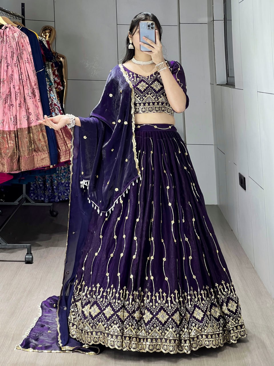 Purple Fendy satin beads embroidered lehenga choli with dupatta