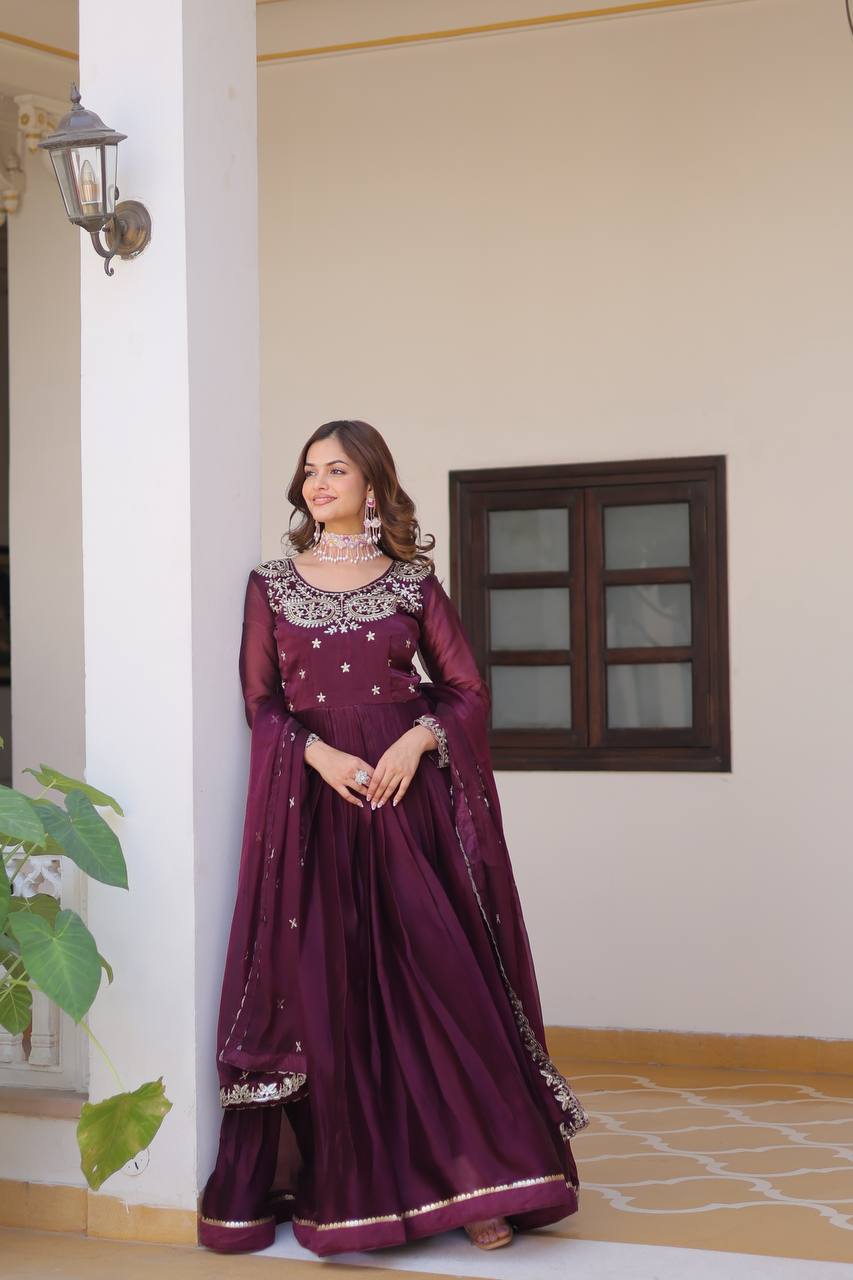 Siddhika pure Burberry silk embroidered gown set