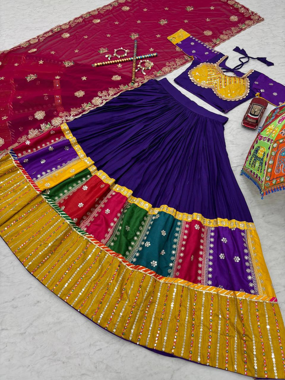 Purple pure cotton lehenga choli with embroidered sequins work and dupatta