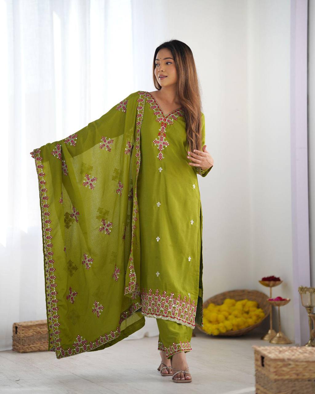 Anvitha Green Chinon Silk Kurti Set with 5mm sequin embroidery, lacework & dupatta – fully stitched festive wear for women.