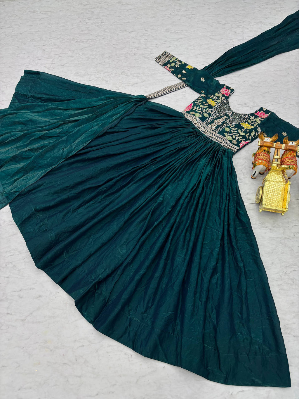 Dipa teal blue Fendy silk gown with embroidery sequins thread work and dupatta