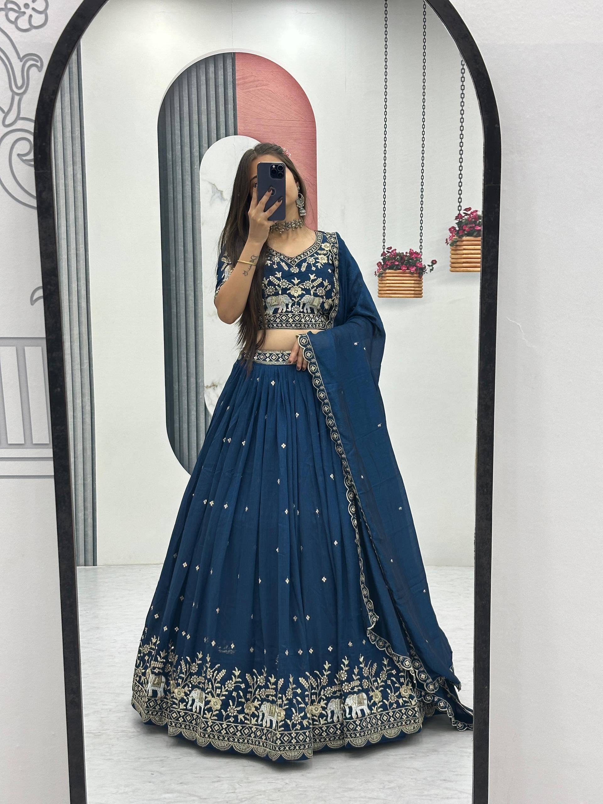 Gopi teal blue Vichitra silk lehenga choli with embroidery sequins thread work