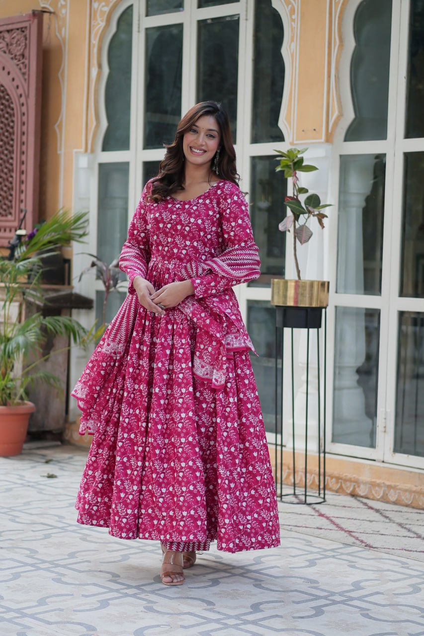 Pink cotton Mahi designer Anarkali suit with dupatta
