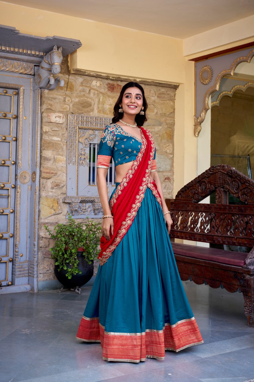 Teal blue Vichitra silk zari weaving work lehenga choli with dupatta