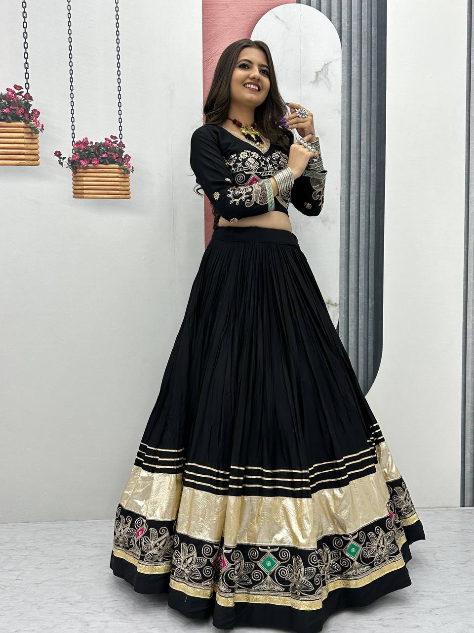 Black pure cotton embroidered sequins work lehenga choli