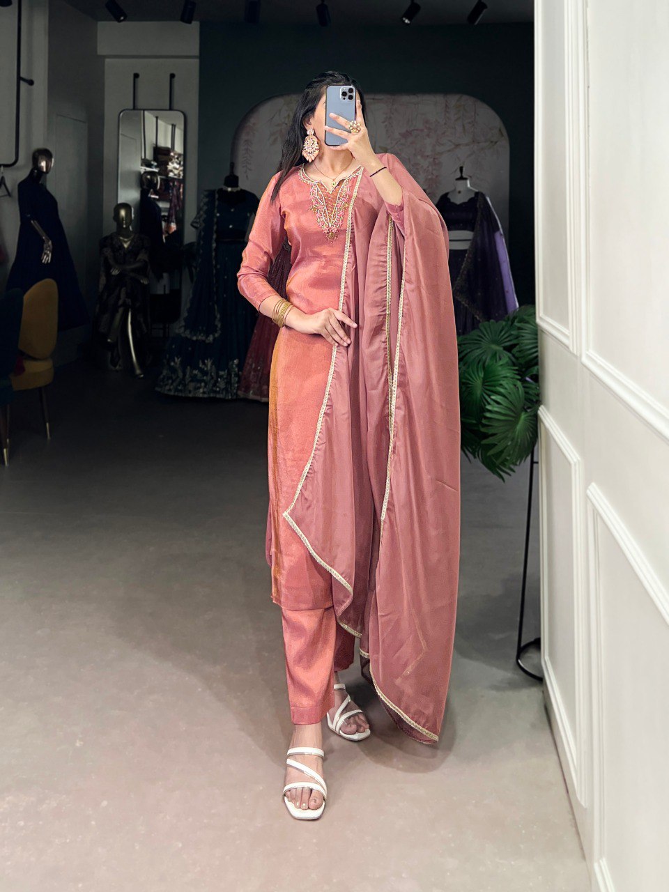 Peach embroidered viscose tissue salwar suit with organza dupatta