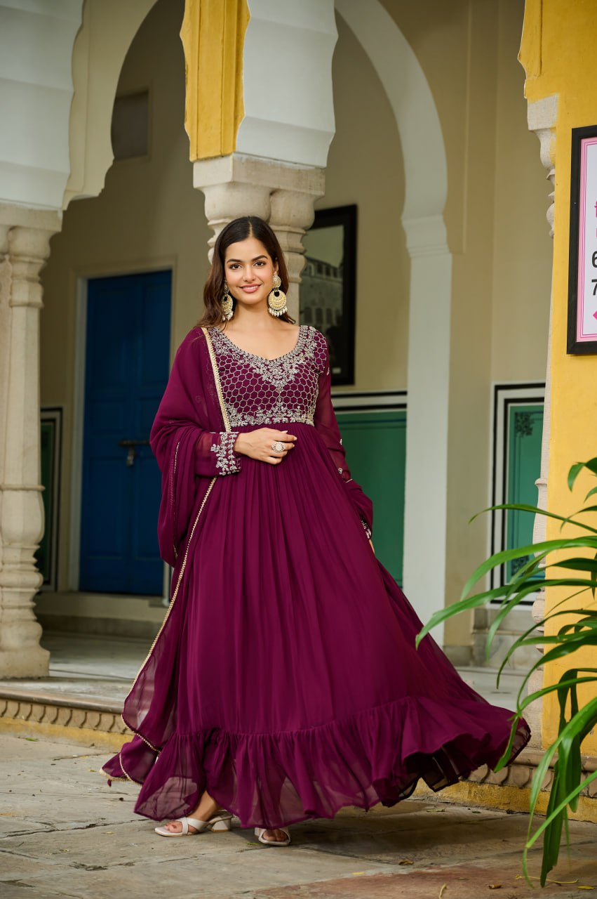 Wine faux blooming beads embroidered gown with dupatta