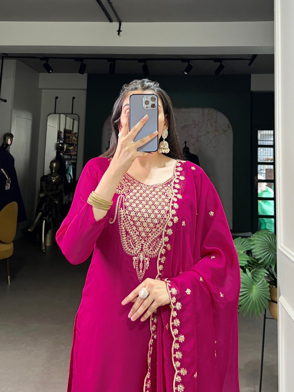 Pink organza kurti set with sequins and thread work embroidery and dupatta