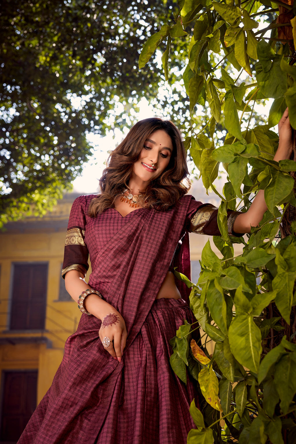 Rimi mulberry Chettinad cotton chex half saree lehenga with zari weaving work
